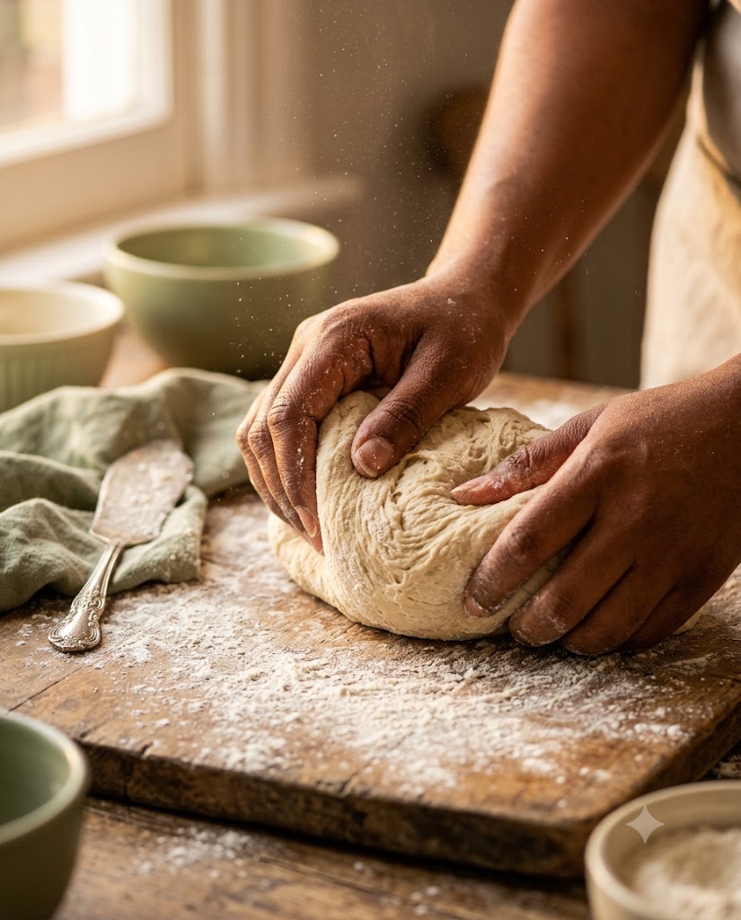 Hands kneading dough on a floured wooden worktop
