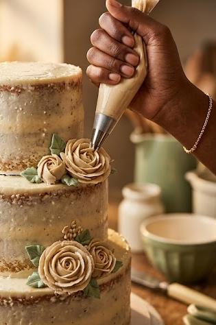 A baker piping buttercream roses onto a tiered cake