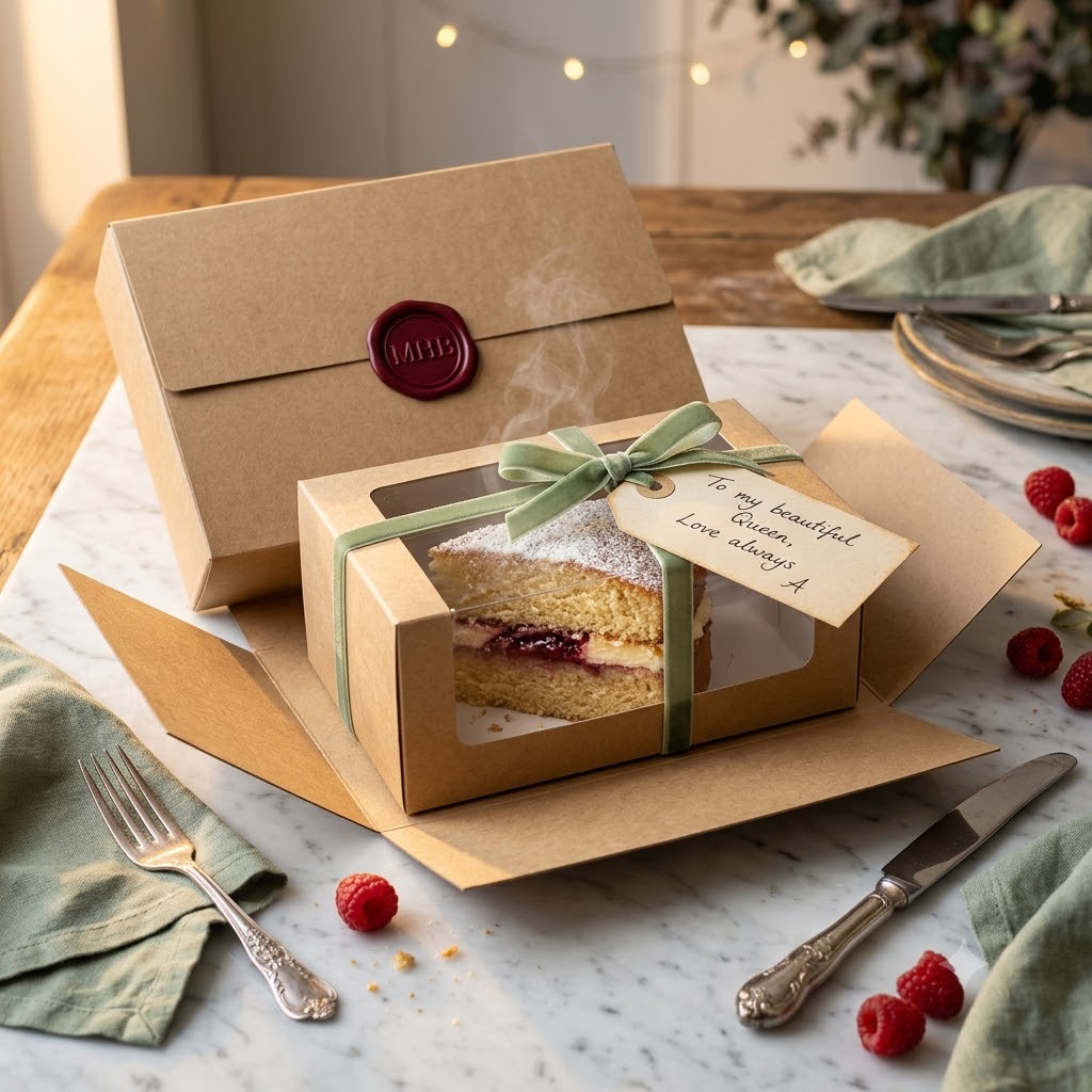 A letterbox cake slice boxed with a wax seal, ribbon and a handwritten gift tag