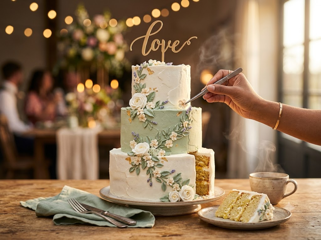 An elegant three-tier white and sage wedding cake with floral piping and a gold love topper